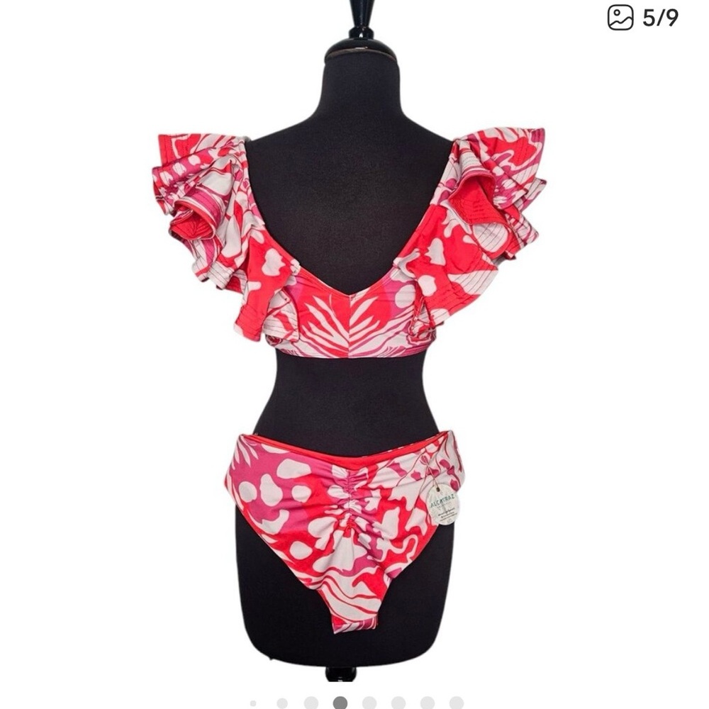 ALCATRAZ- Ruffled Off-Shoulder Three-Piece Swimsuit in Pink & White